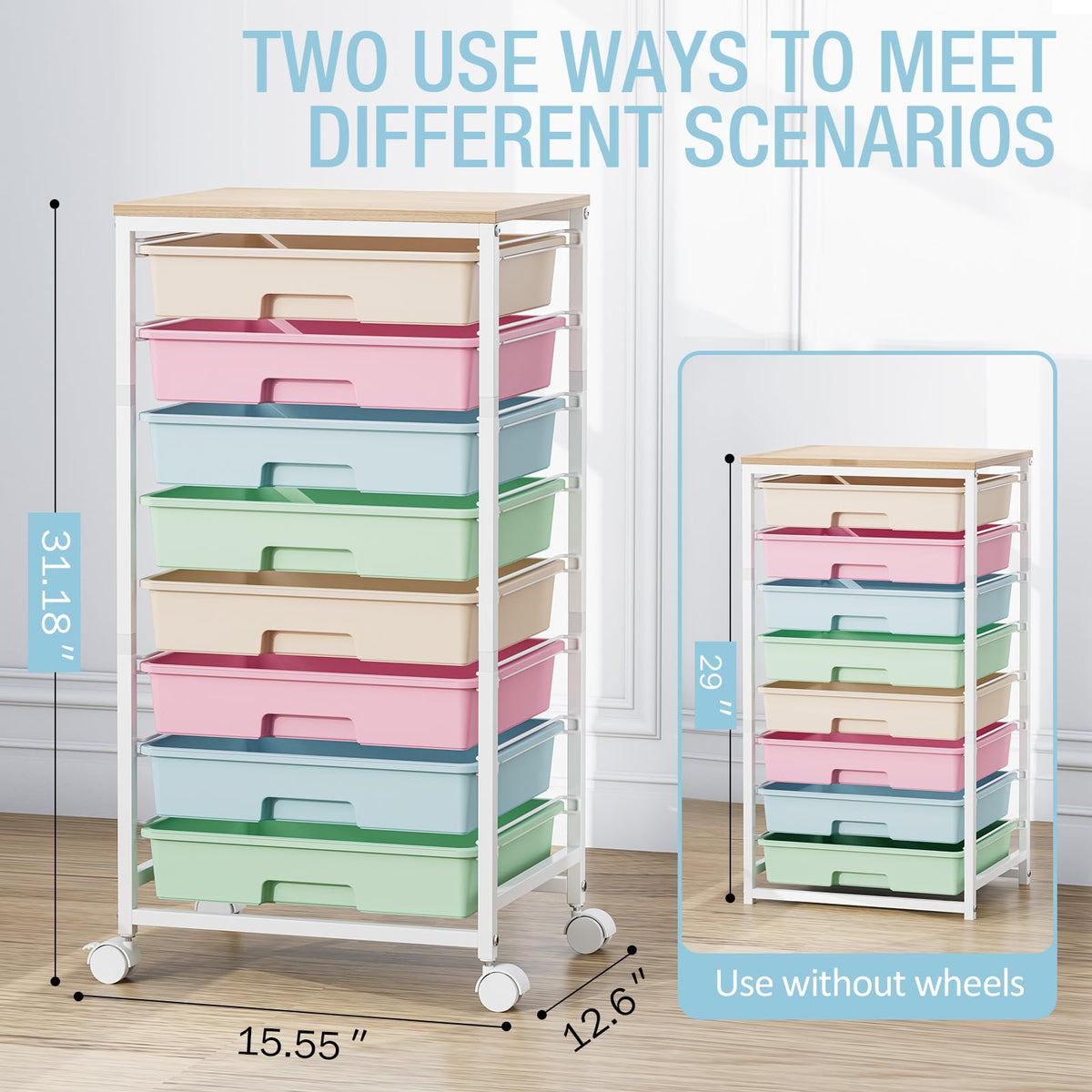 Rolling Storage Cart with 8 Drawers and Wooden Tabletop Q4227