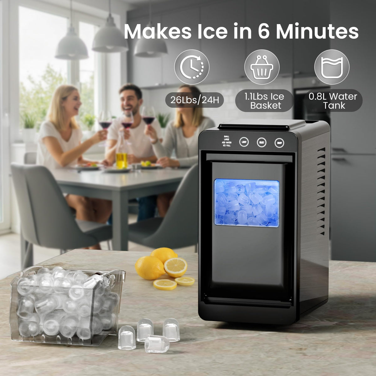Portable Countertop Ice Maker, 26 lbs/24H, Self-Cleaning, Black I15826