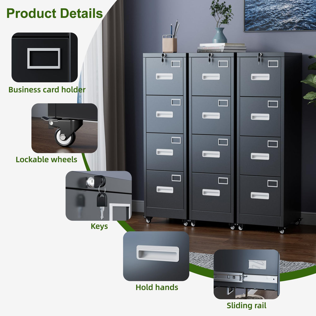Metal 4 Drawer File Cabinet with Lock and Wheels, Black I958