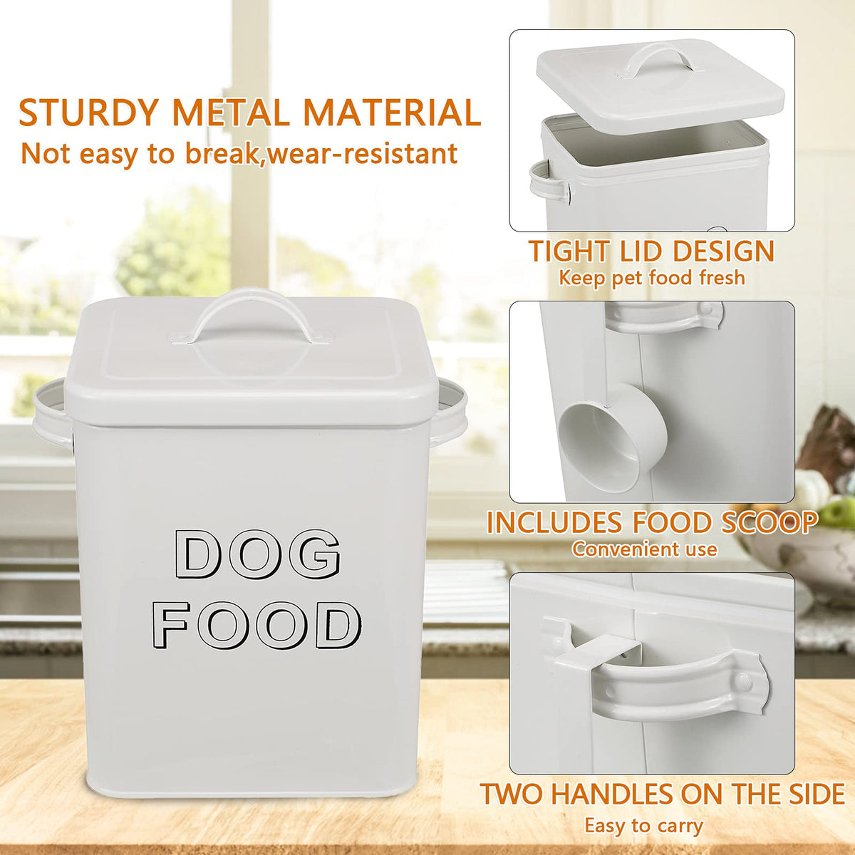 Airtight Dog Treat Container and Food Storage Tin with Lid, Handle, Scoop, 4-5 lbs Capacity, White T2834