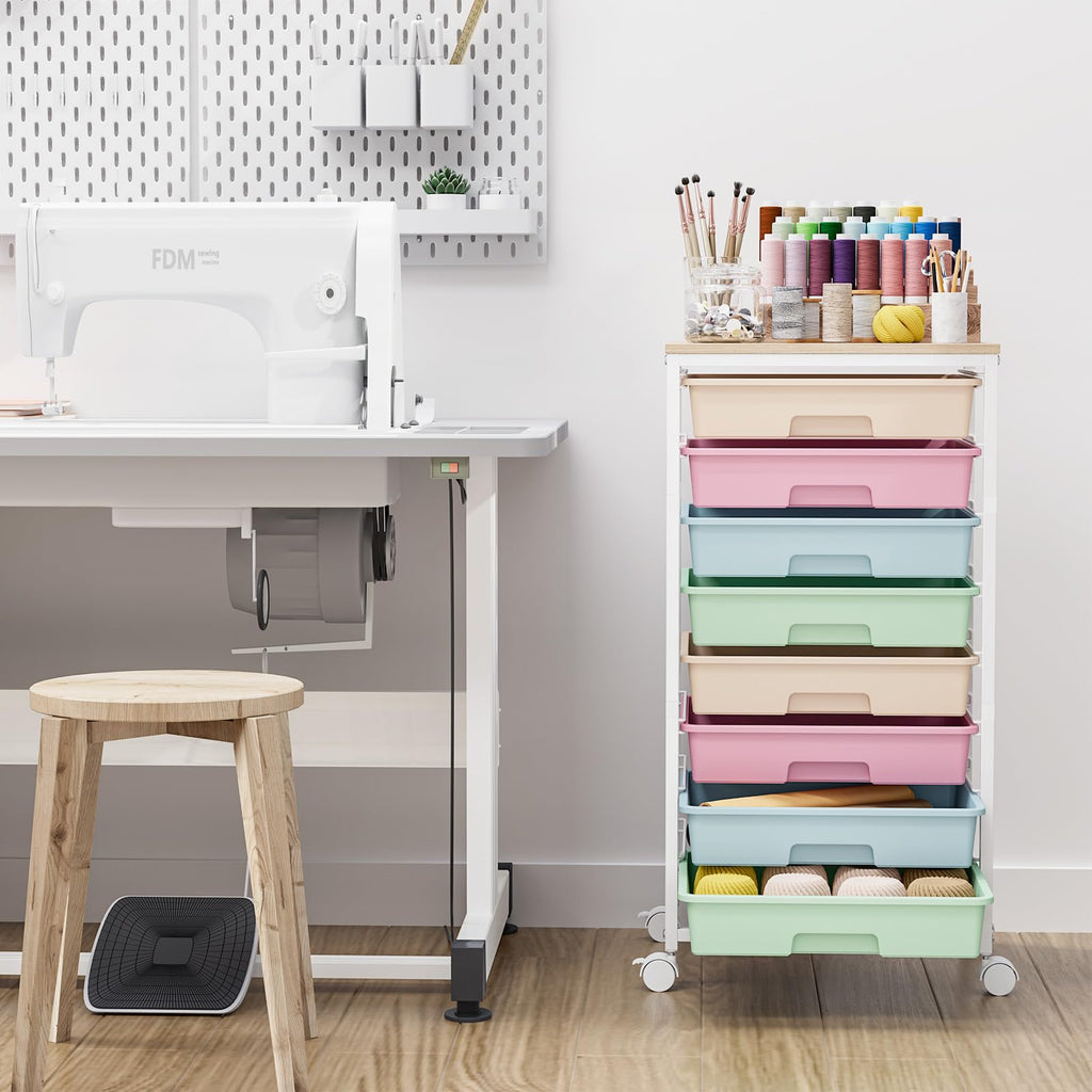Rolling Storage Cart with 8 Drawers and Wooden Tabletop Q4227