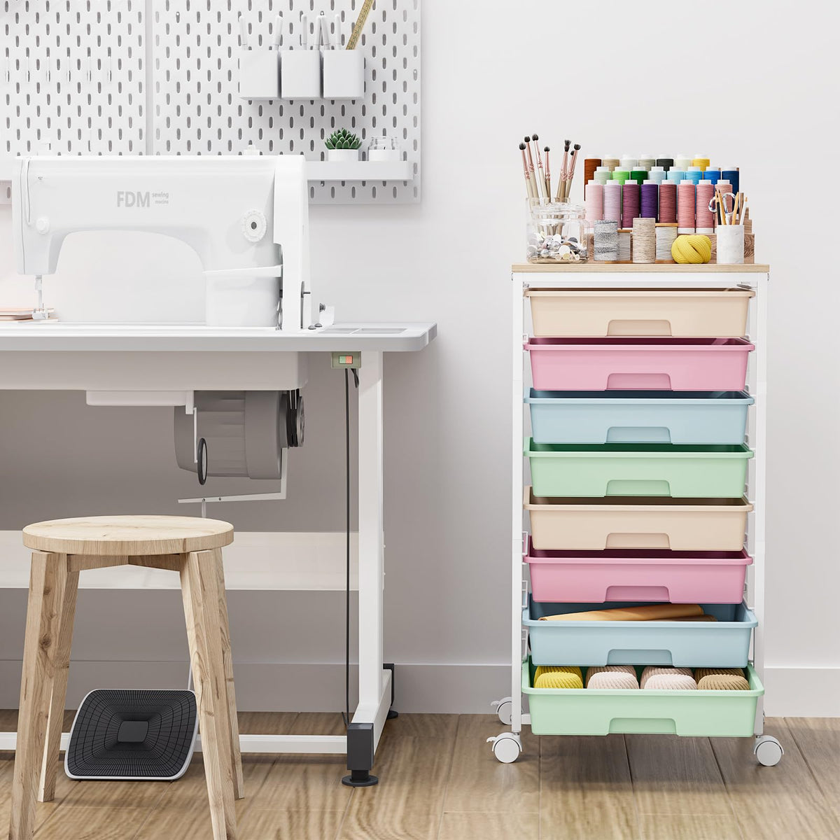 Rolling Storage Cart with 8 Drawers and Wooden Tabletop Q4227