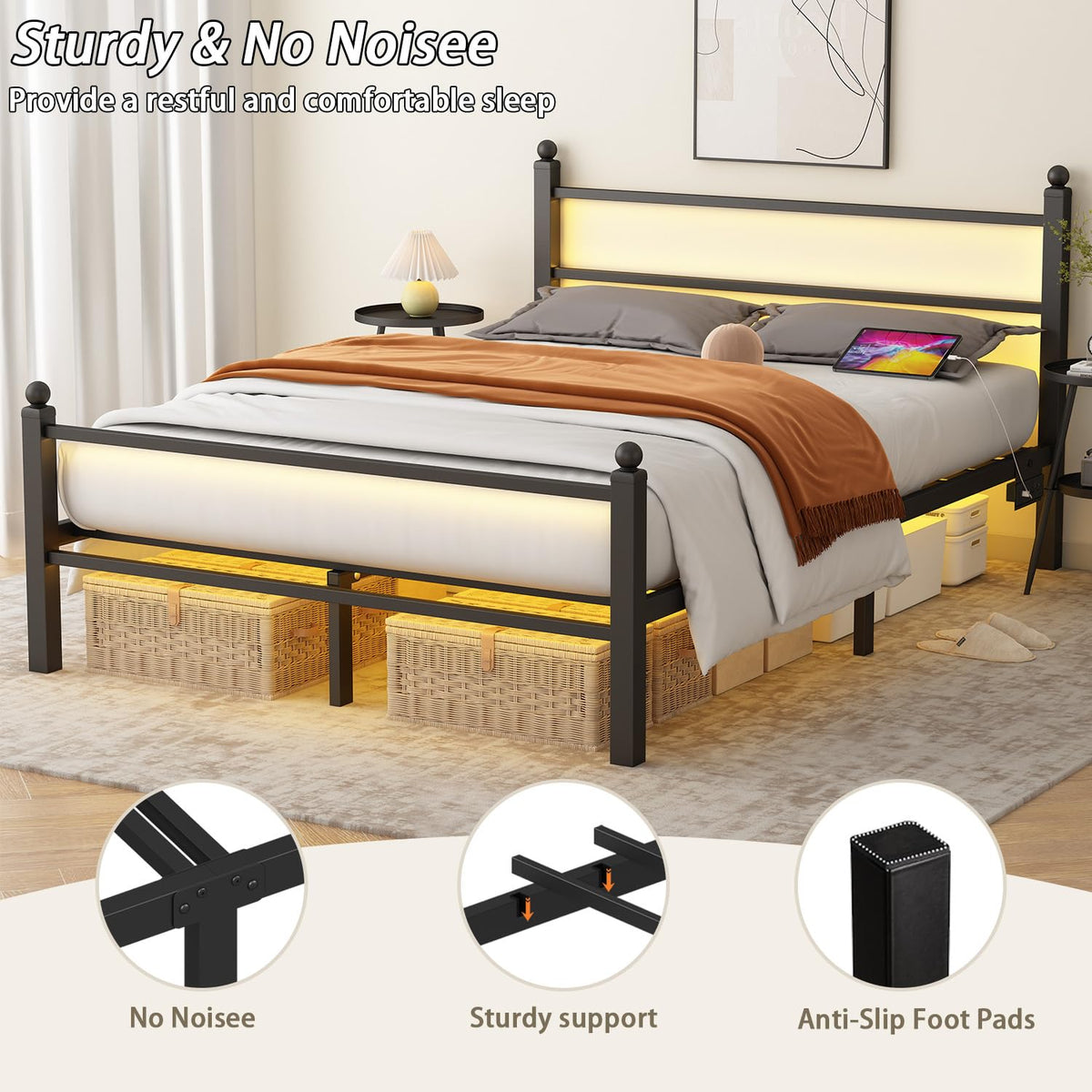 Black Metal Full Size Bed Frame with Headboard and Footboard W675