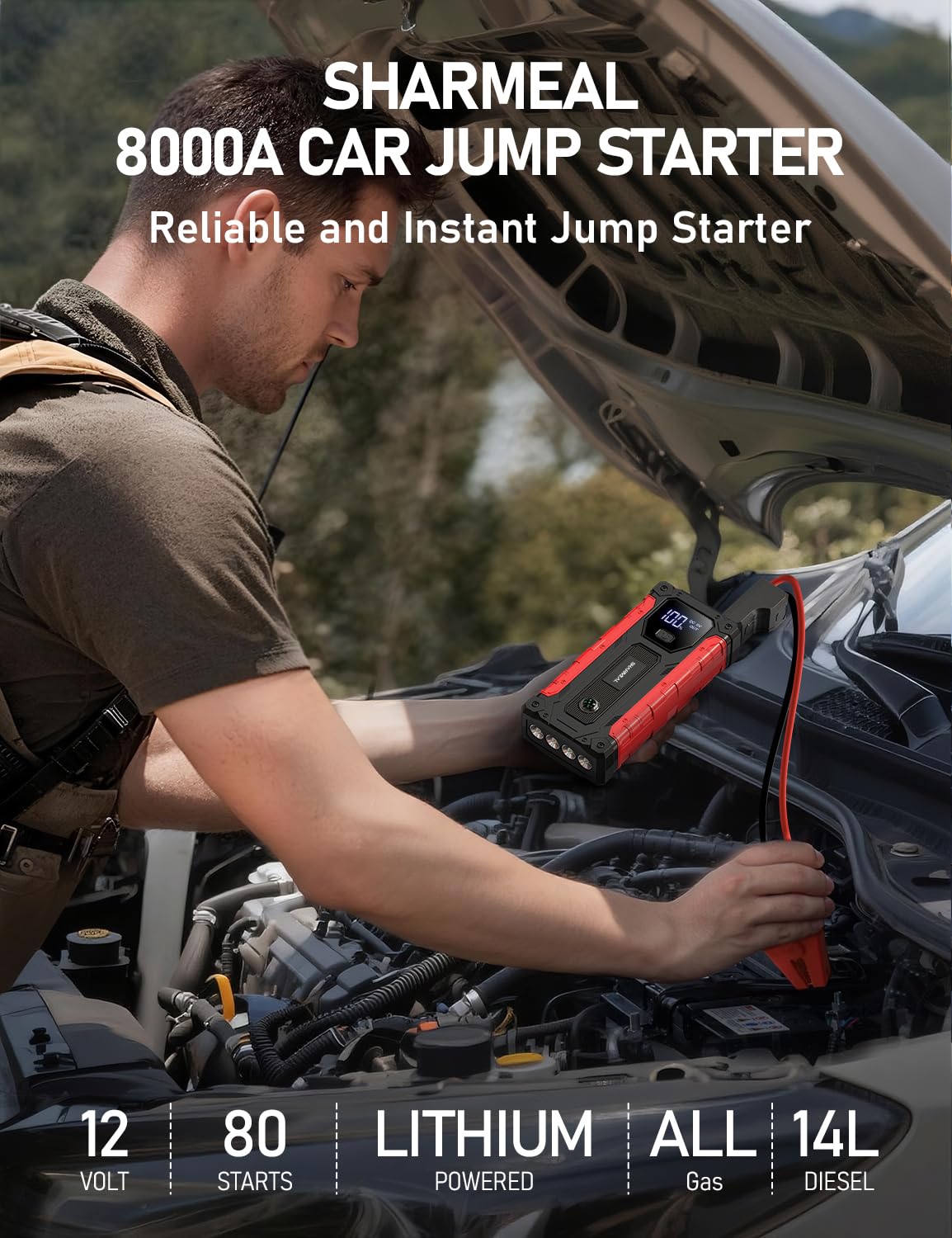 8000A 12V Portable Jump Starter with PD 30W Charger V698400