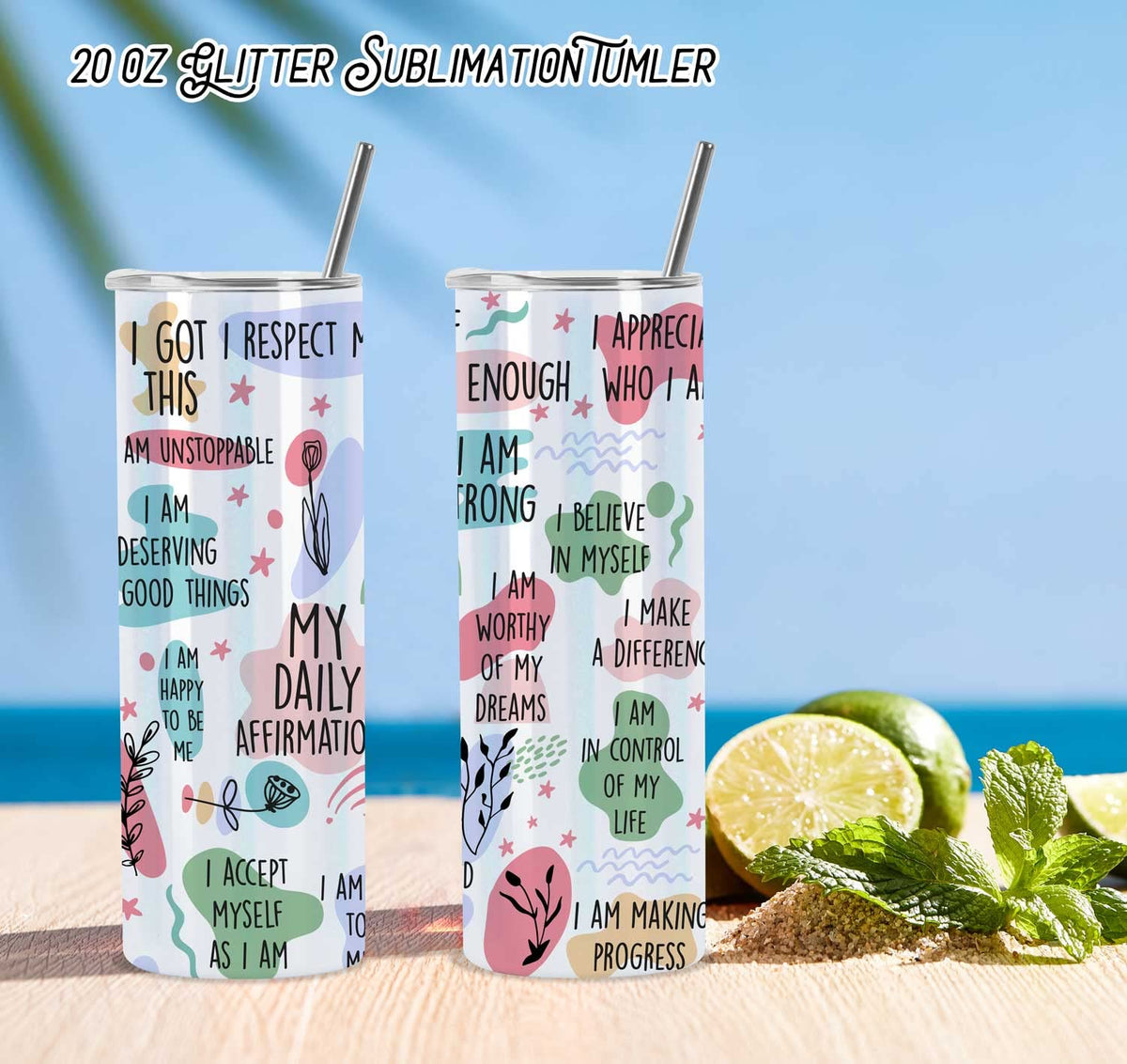 20 Oz 8 Pack Stainless Steel Glitter Sublimation Tumblers W2840