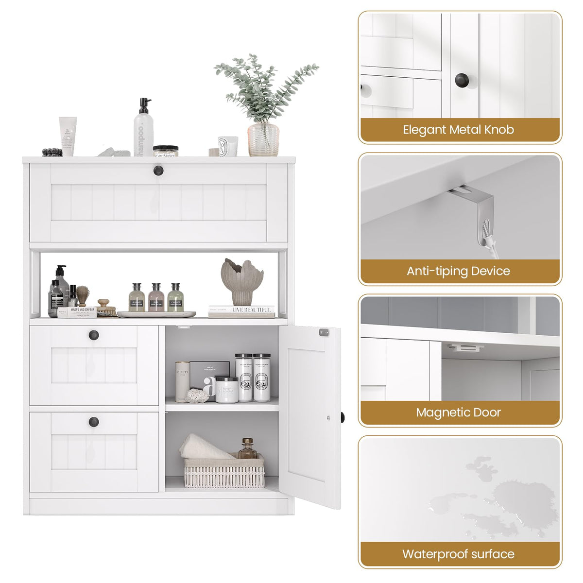 Bathroom Floor Storage Cabinet with 1 Door and 3 Drawers Y5455