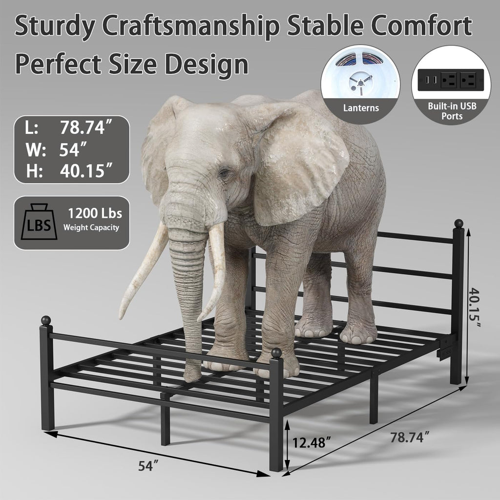 Black Metal Full Size Bed Frame with Headboard and Footboard W675
