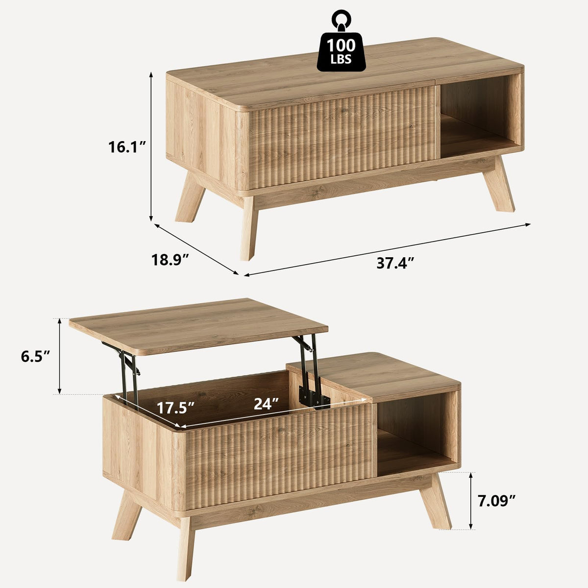 Lift Top Fluted Hidden Storage Coffee Table P310