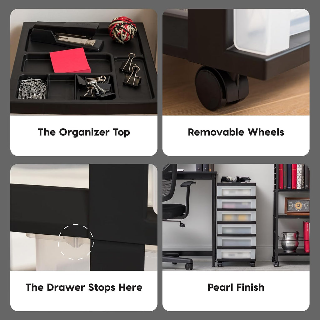 6 Drawer Rolling Storage Cart with Organizer Top, Black Y856621