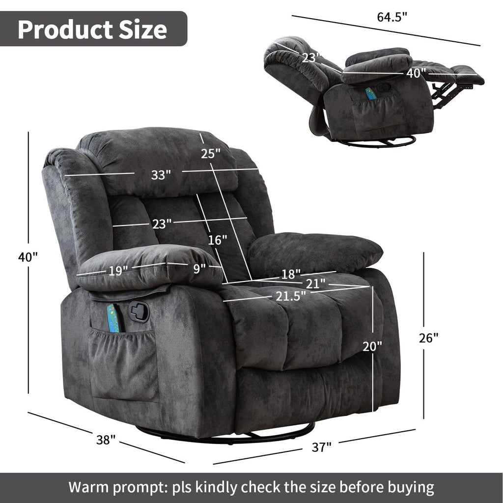 Grey Manual Swivel Rocker Recliner with Heat and Vibration V1799