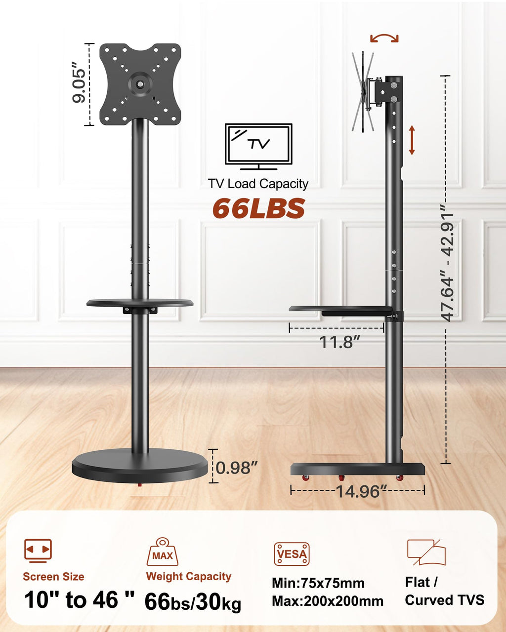 Rolling TV Stand with Shelf and Hidden Wheels U618244
