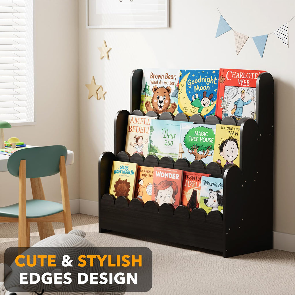 Black 3-Tier Scalloped Wooden Bookshelf Z641690