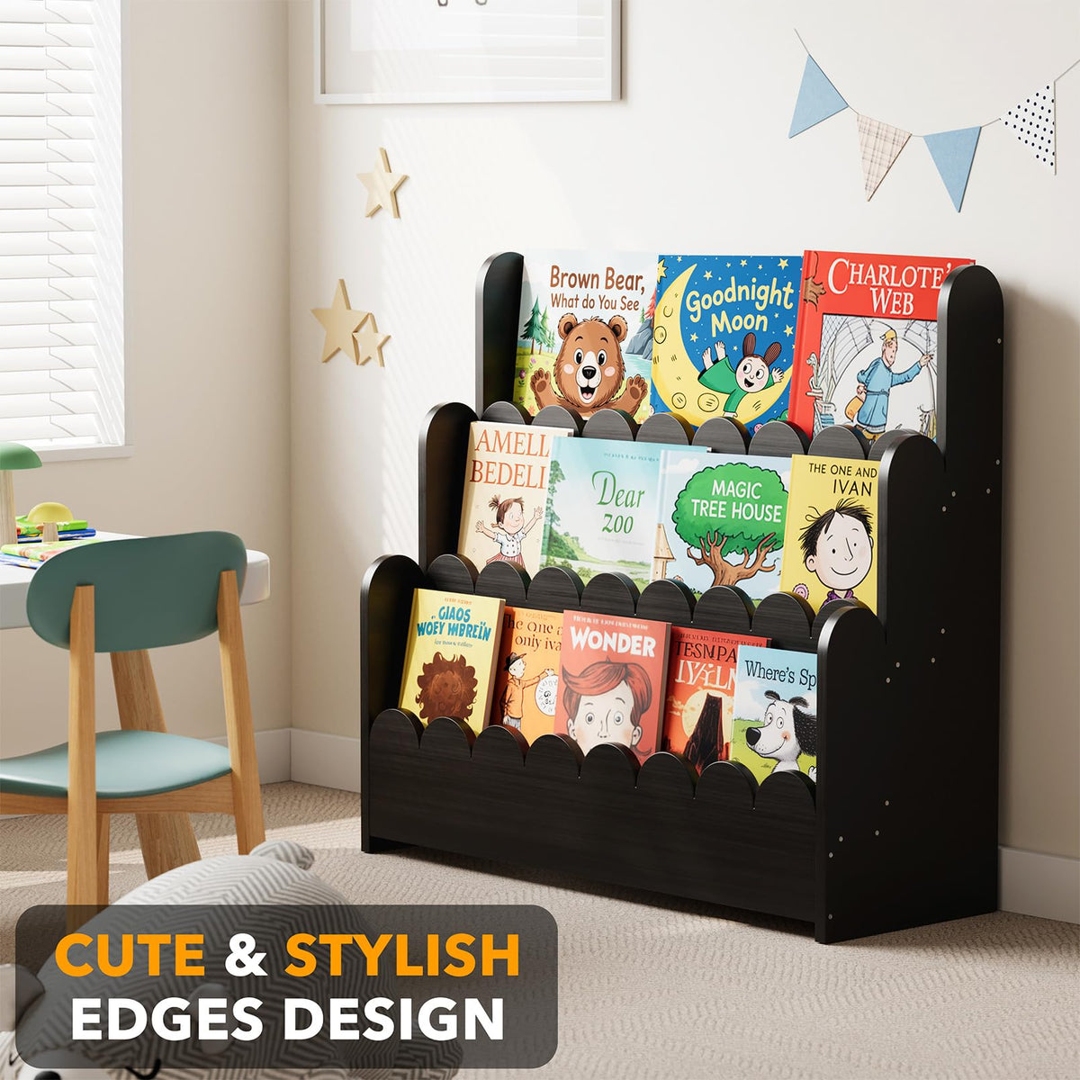 Black 3-Tier Scalloped Wooden Bookshelf Z641690