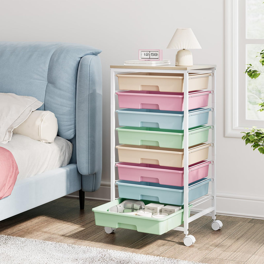 Rolling Storage Cart with 8 Drawers and Wooden Tabletop Q4227