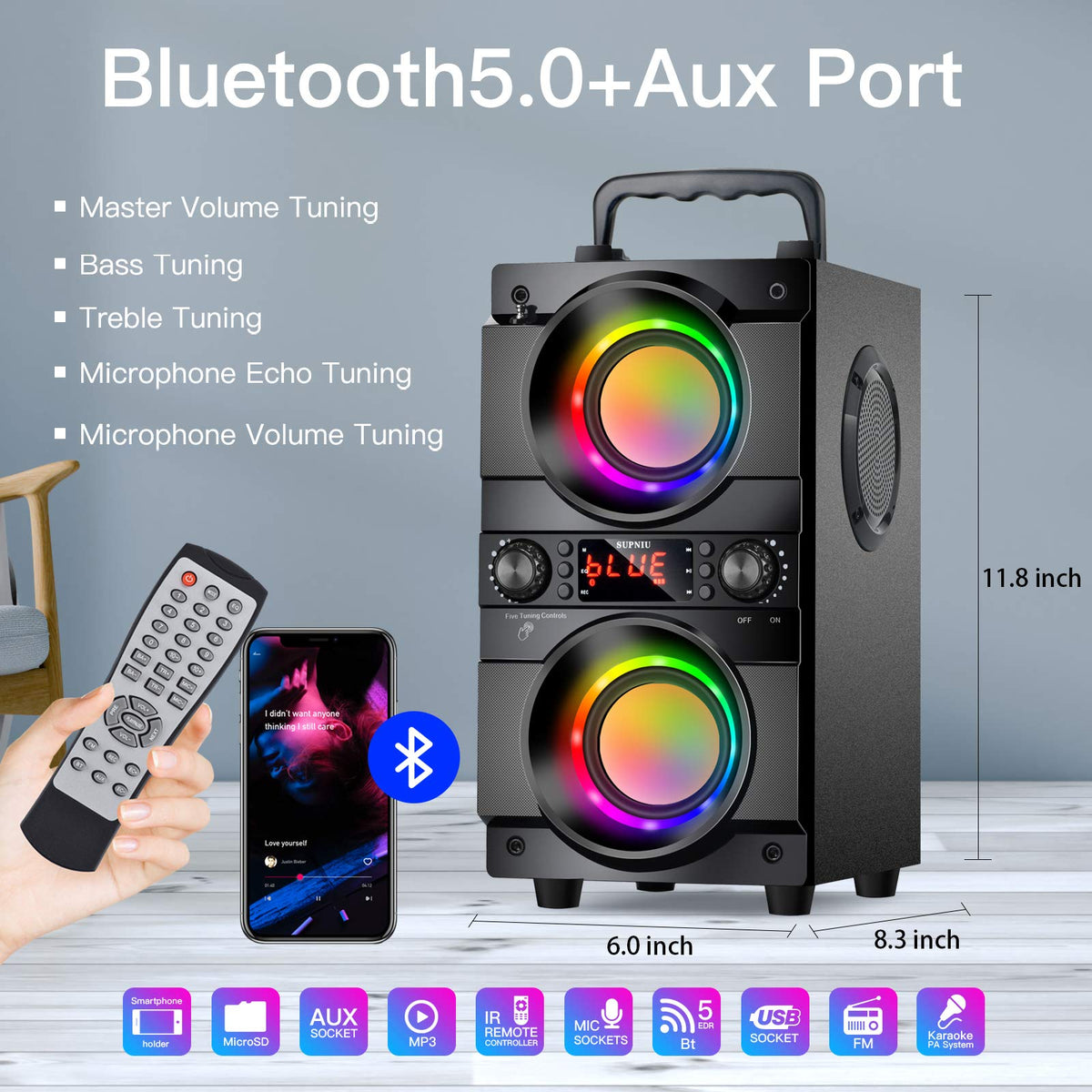 Portable Bluetooth Speaker with Double Subwoofer Heavy Bass W608300