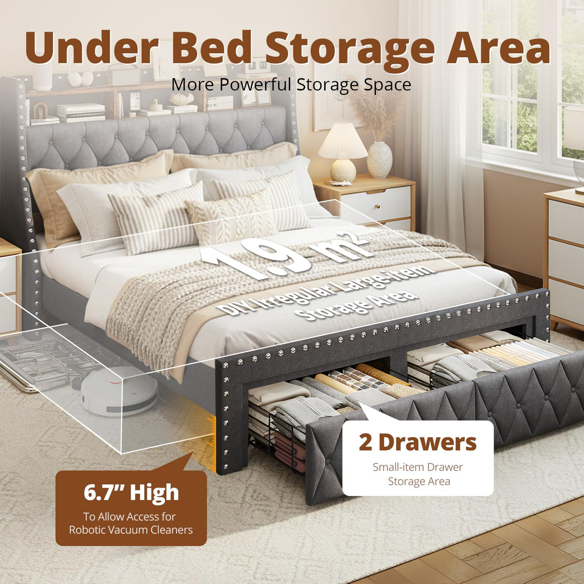 1000LBs Full Bed Frame with Hidden Storage, 2 Drawers and Charging Station Y141