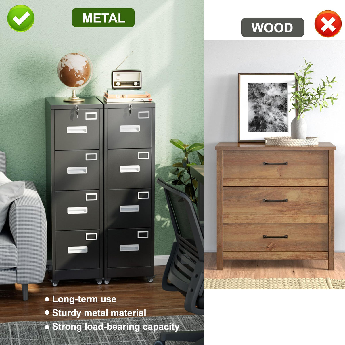 Metal 4 Drawer File Cabinet with Lock and Wheels, Black I958