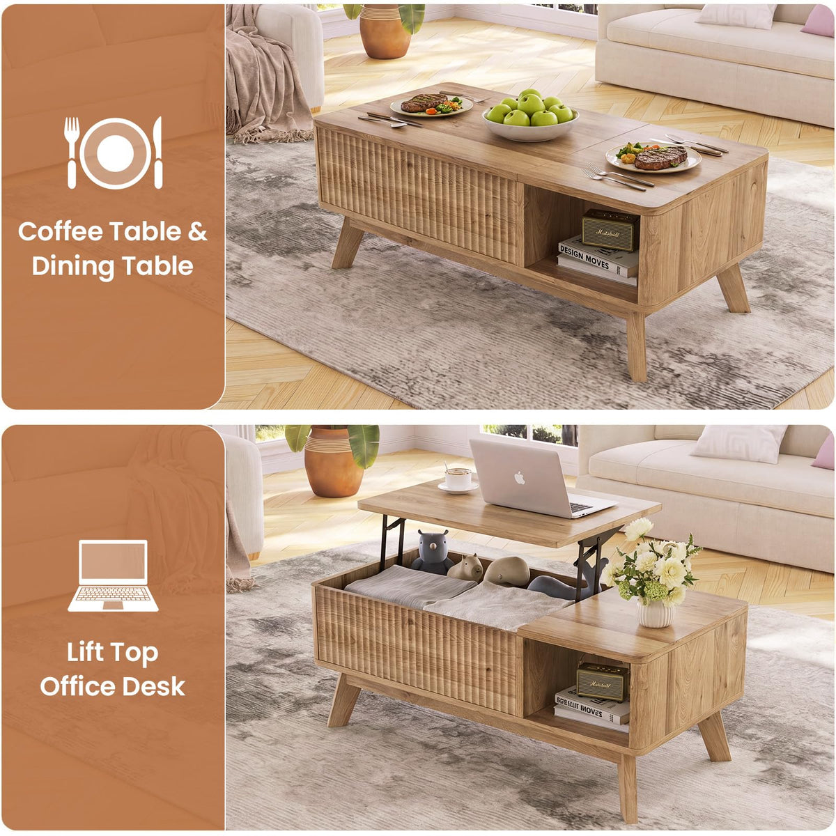 Lift Top Fluted Hidden Storage Coffee Table P310
