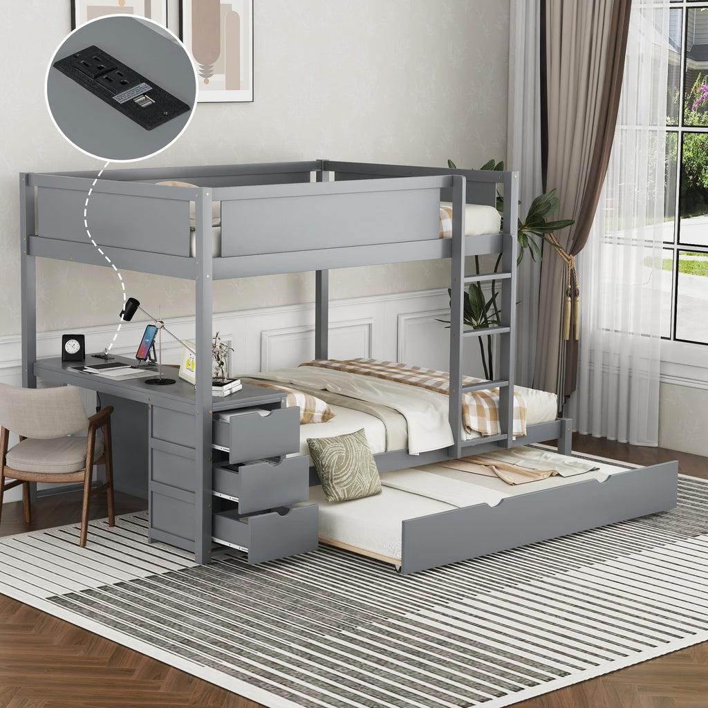 Gray Wood Full Over Full Bunk Bed with Twin Trundle I886