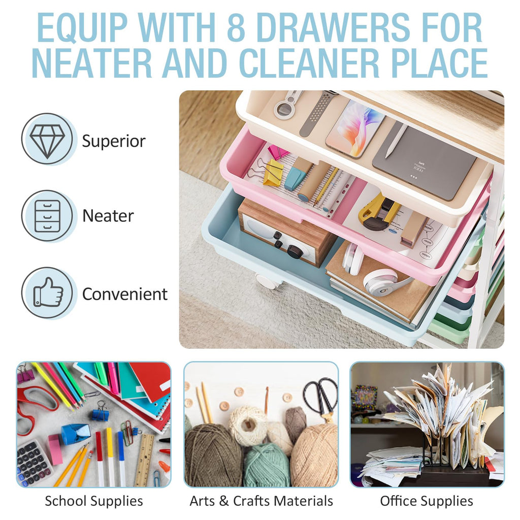 Rolling Storage Cart with 8 Drawers and Wooden Tabletop Q4227