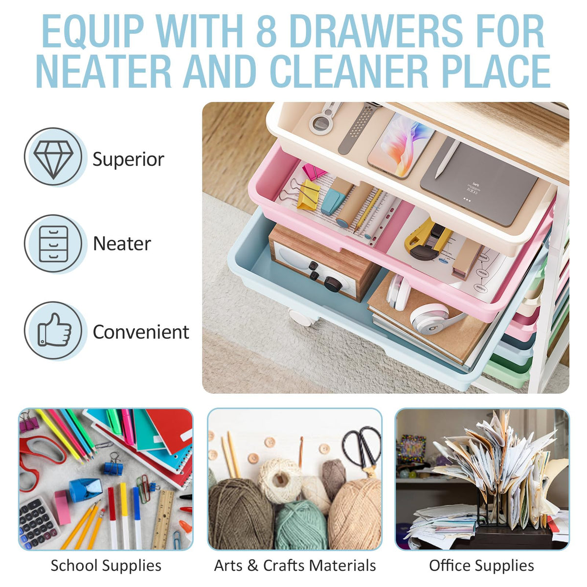 Rolling Storage Cart with 8 Drawers and Wooden Tabletop Q4227