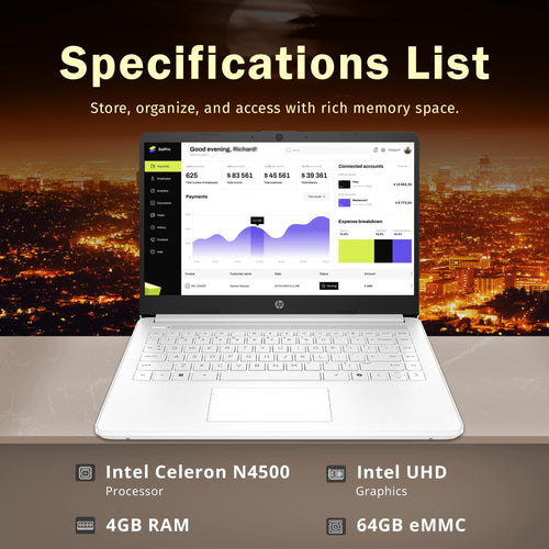 14" HD Laptop, Intel Celeron N4500, 4GB DDR4 RAM, 64GB eMMC, White Z72645