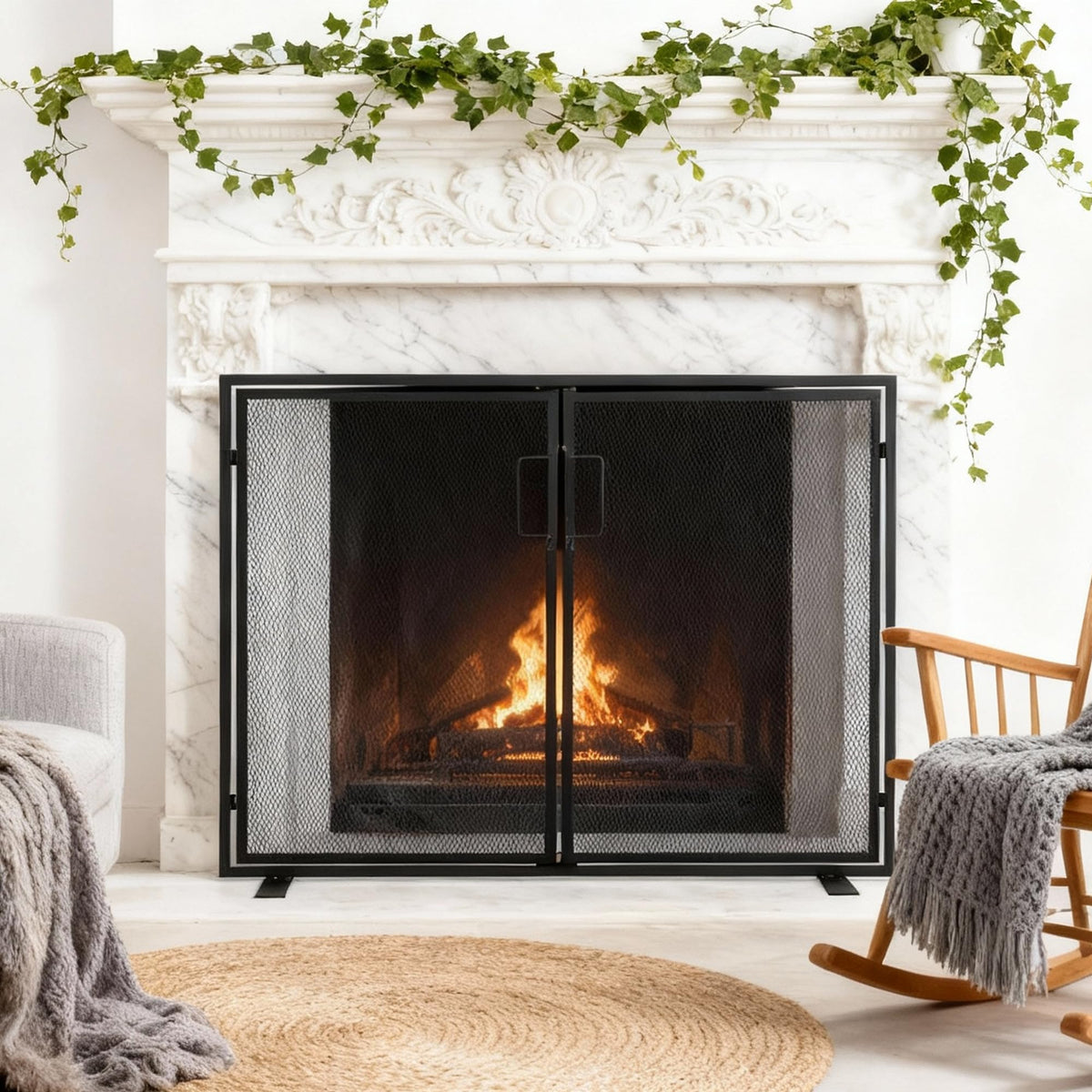 Black 2 Panel Fireplace Screen with Hinged Doors D6510