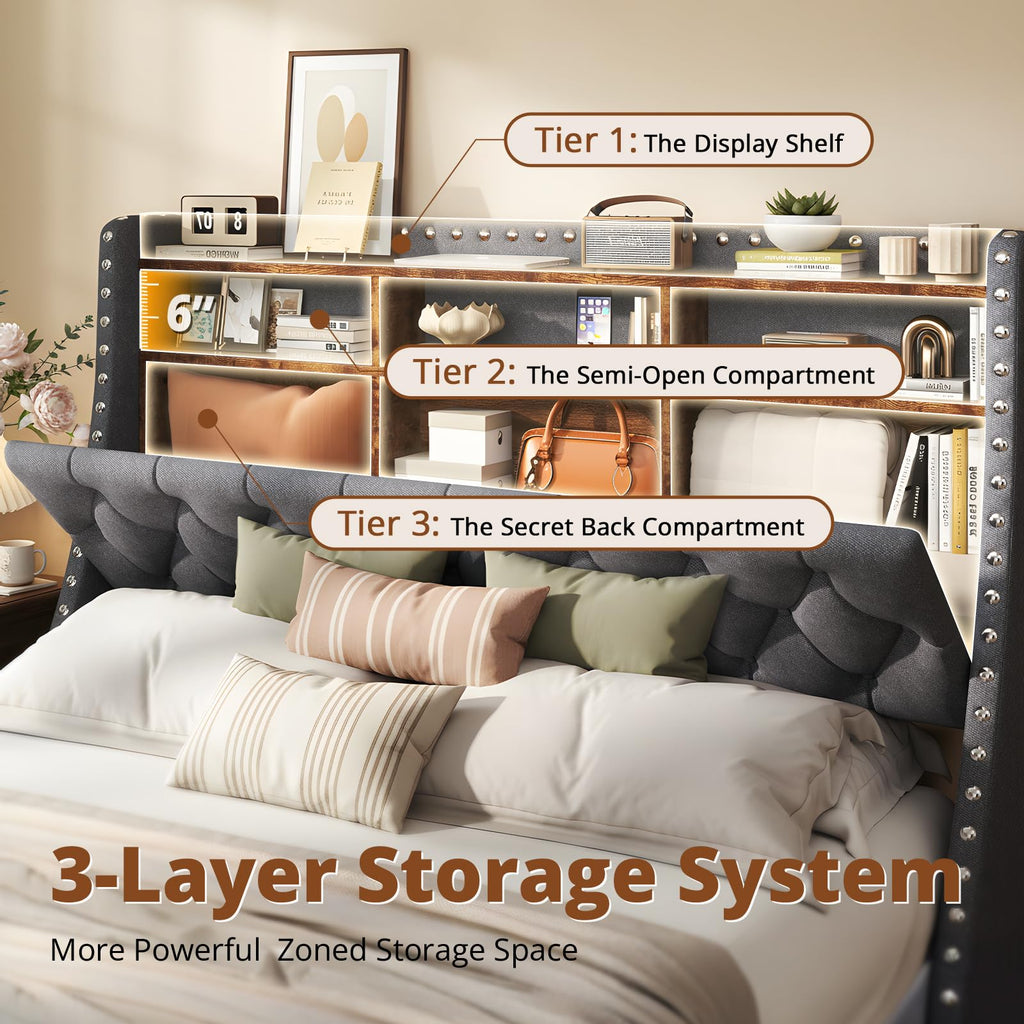 1000LBs Full Bed Frame with Hidden Storage, 2 Drawers and Charging Station Y141