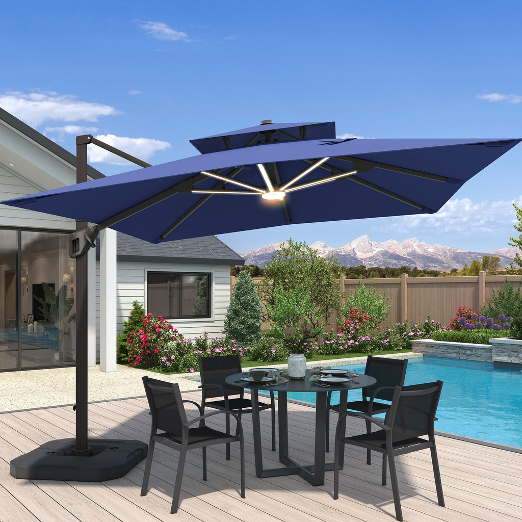 10x10 FT Cantilever Patio Umbrella with Base & LED P2420