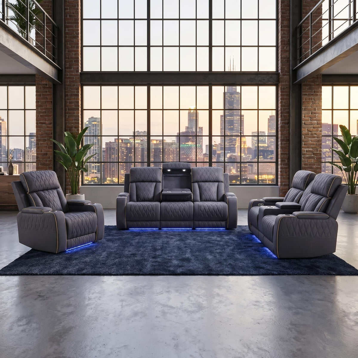 3 Piece Leather Power Recliner Sofa Set with LED Lights H7969