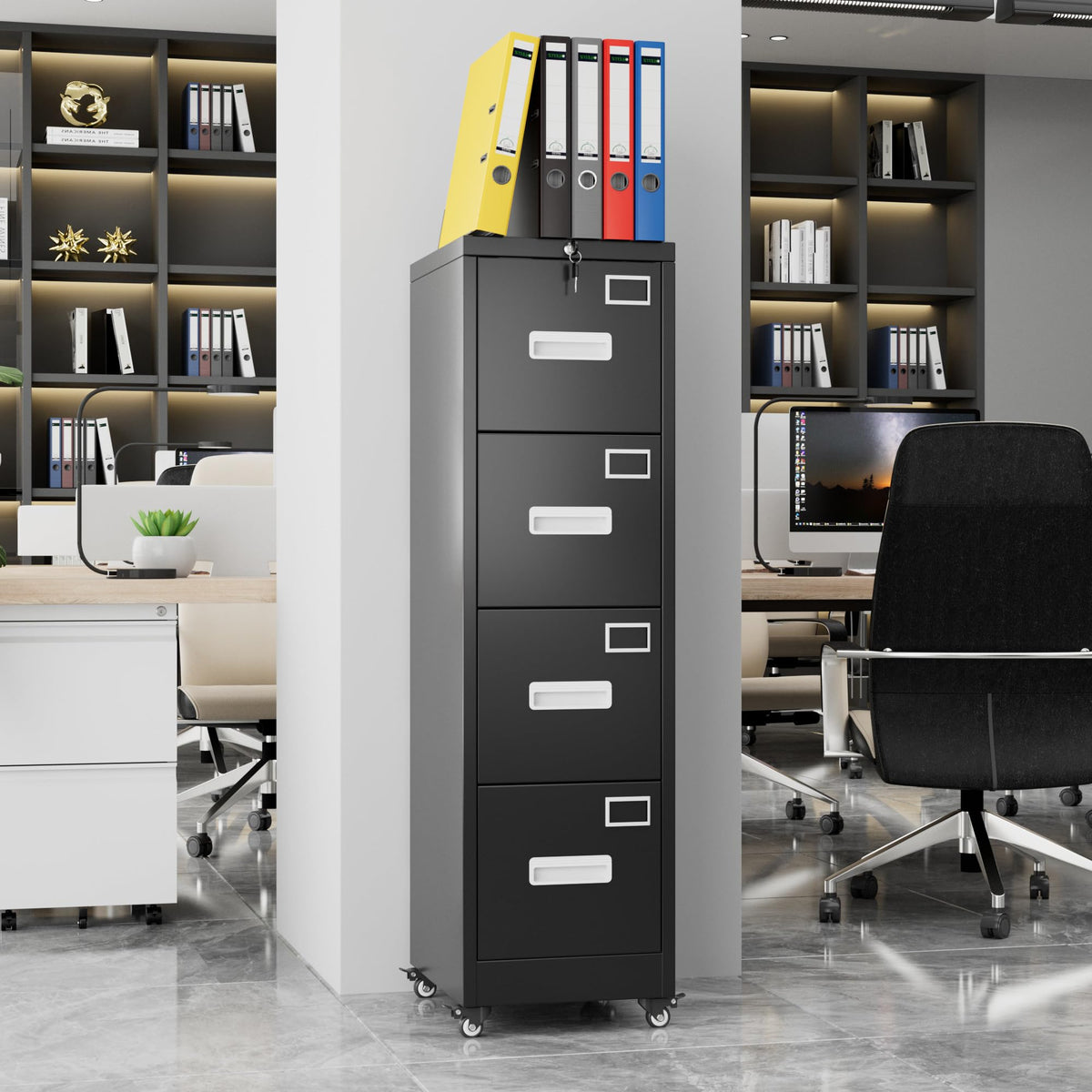 Metal 4 Drawer File Cabinet with Lock and Wheels, Black I958