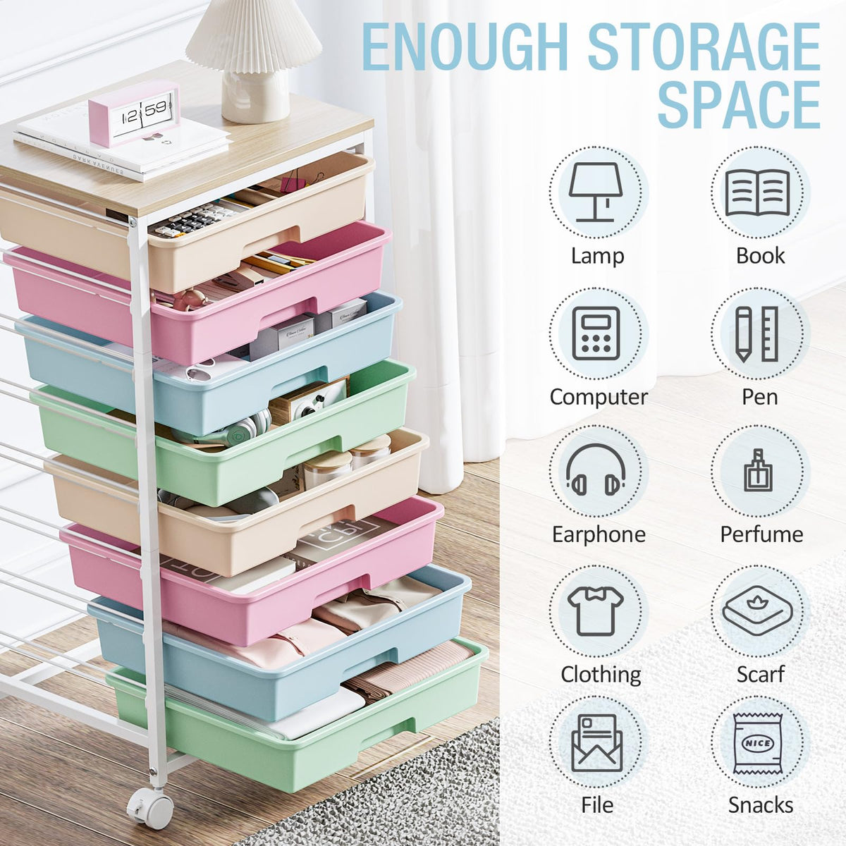 Rolling Storage Cart with 8 Drawers and Wooden Tabletop Q4227