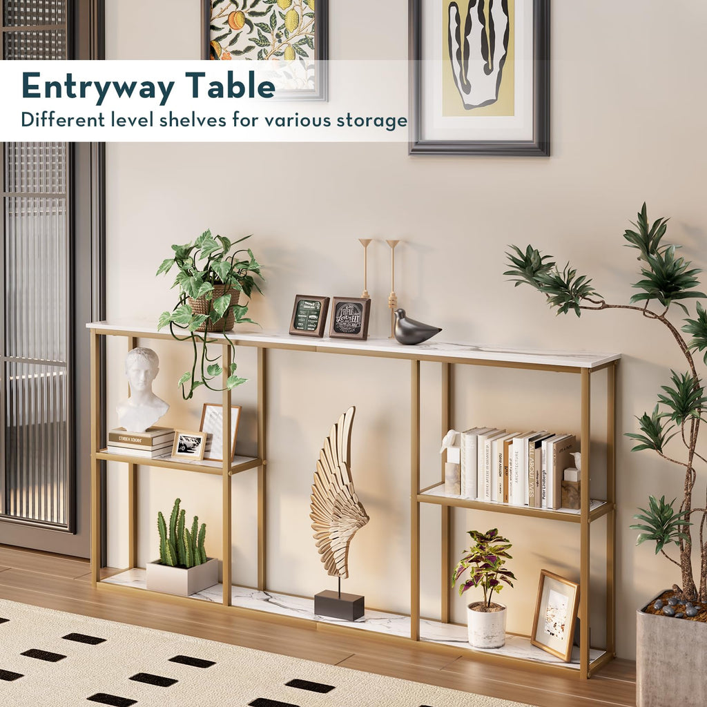63 in Entryway Table with Shelves White Gold G64585
