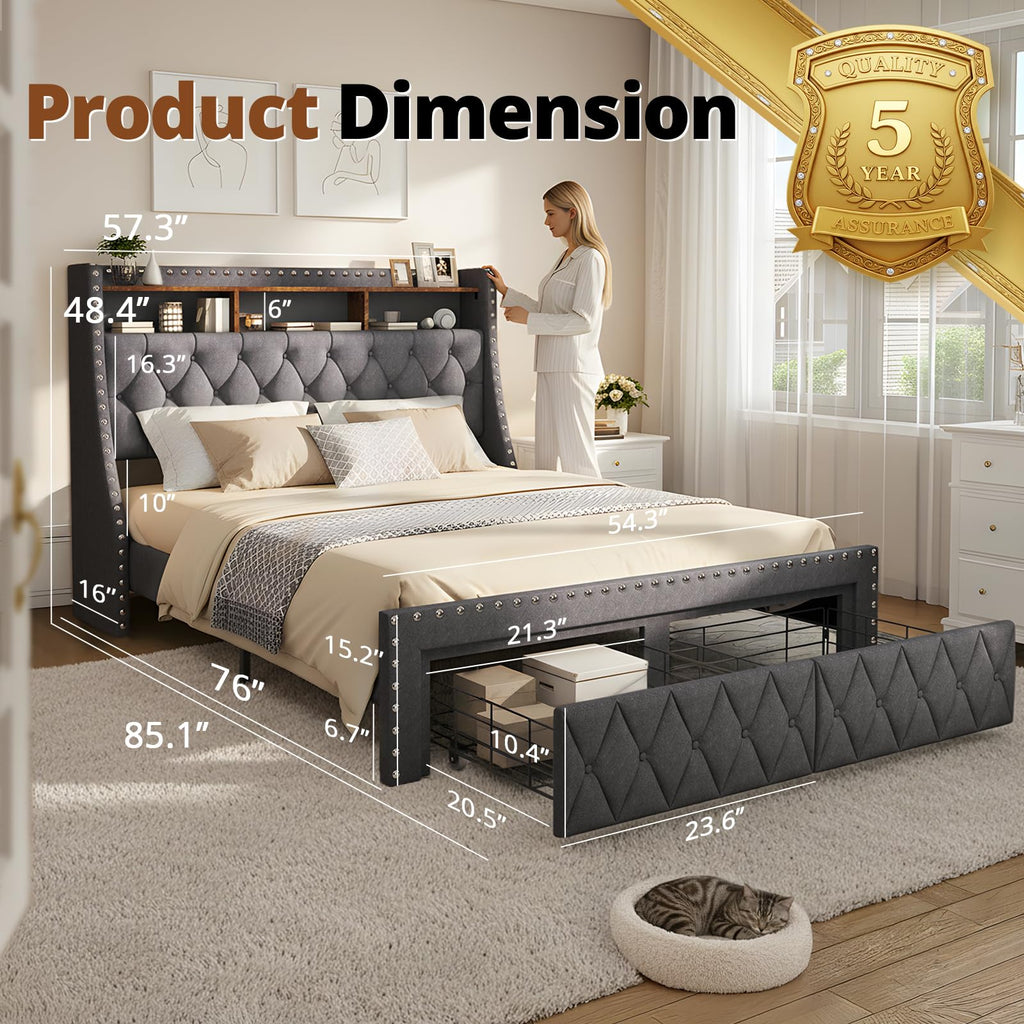 1000LBs Full Bed Frame with Hidden Storage, 2 Drawers and Charging Station Y141