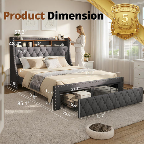 1000LBs Full Bed Frame with Hidden Storage, 2 Drawers and Charging Station Y141