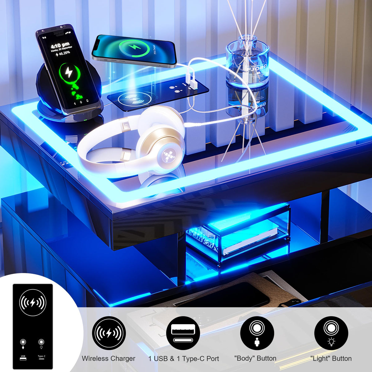 Black High Gloss Nightstand with Charging Station and 2 Drawers V27526