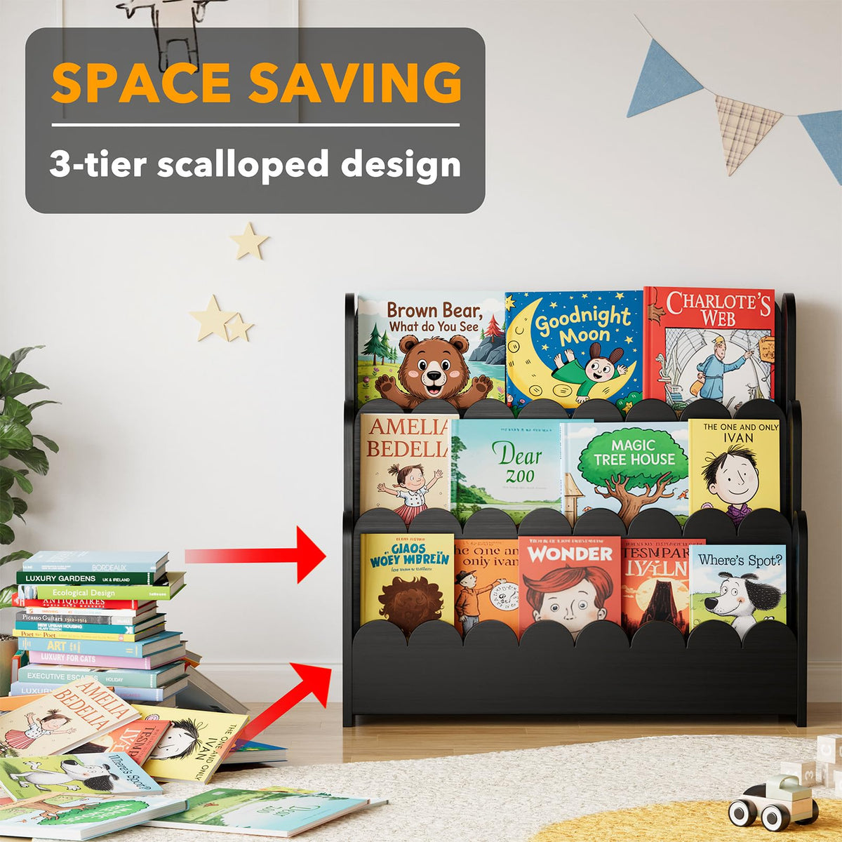 Black 3-Tier Scalloped Wooden Bookshelf Z641690