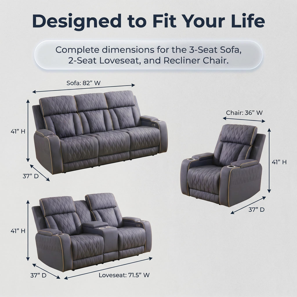 3 Piece Leather Power Recliner Sofa Set with LED Lights H7969