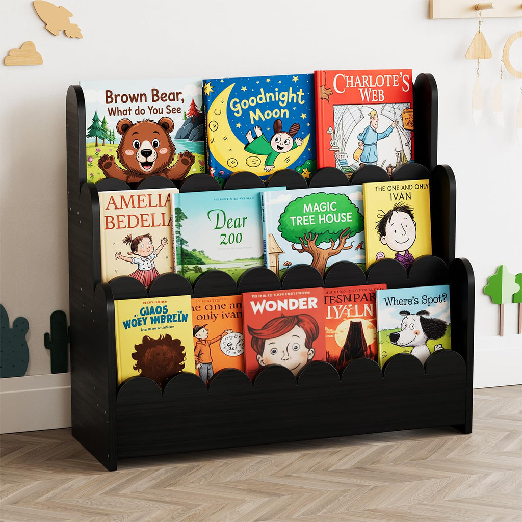 Black 3-Tier Scalloped Wooden Bookshelf Z641690