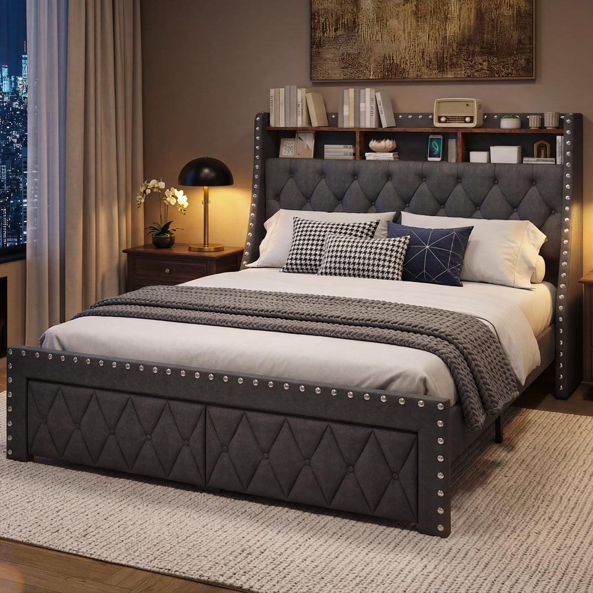 1000LBs Full Bed Frame with Hidden Storage, 2 Drawers and Charging Station Y141