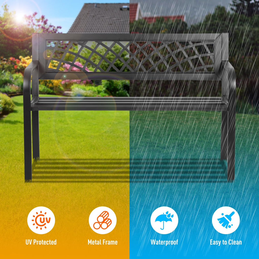 Black Iron Steel Outdoor Bench with Backrest and Armrests B8403