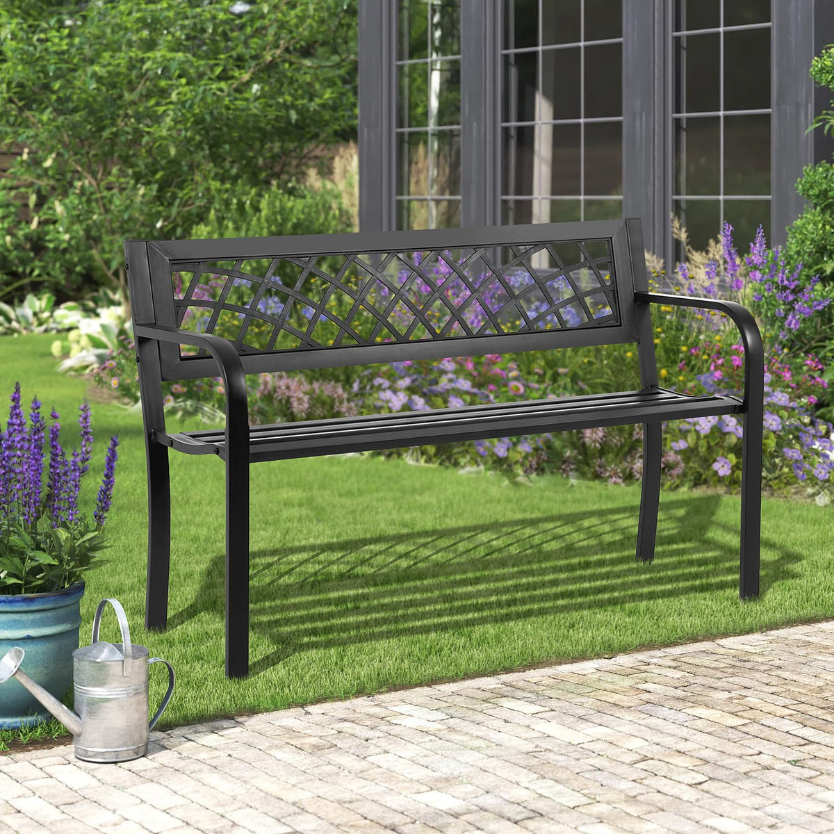 Black Iron Steel Outdoor Bench with Backrest and Armrests B8403