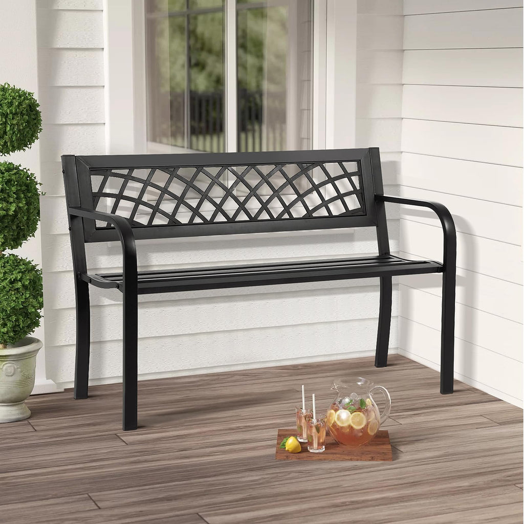 Black Iron Steel Outdoor Bench with Backrest and Armrests B8403