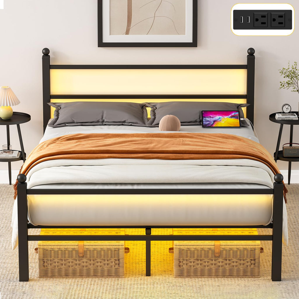 Black Metal Full Size Bed Frame with Headboard and Footboard W675