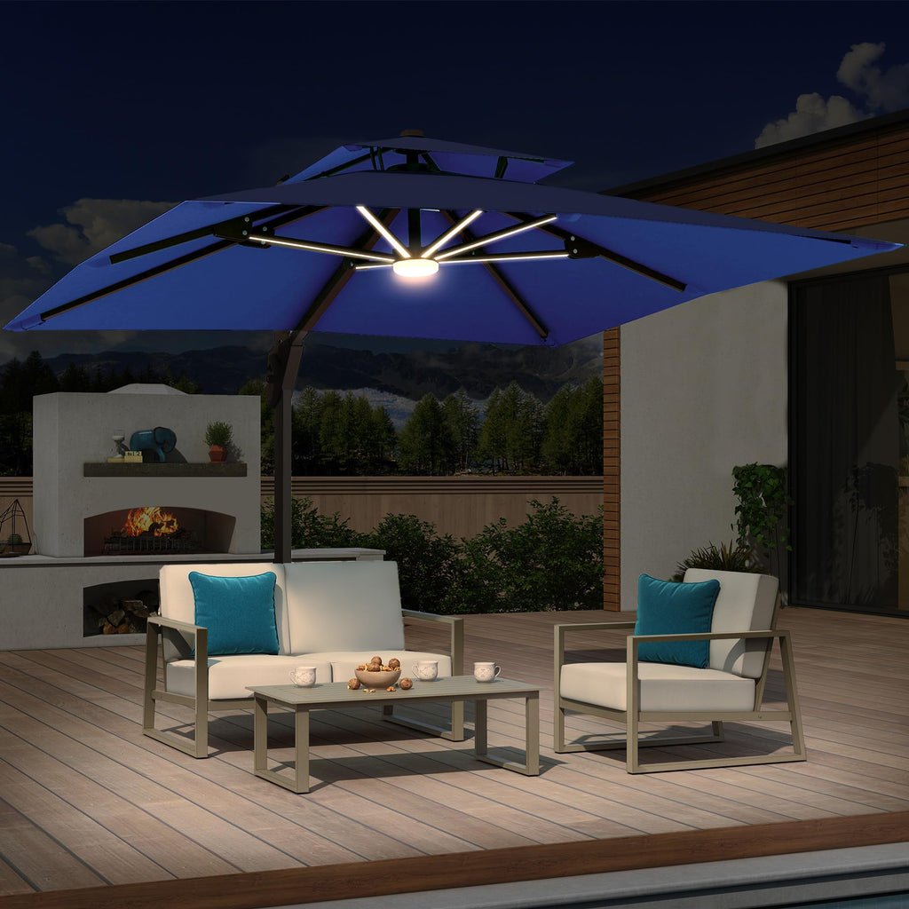 10x10 FT Cantilever Patio Umbrella with Base & LED P2420