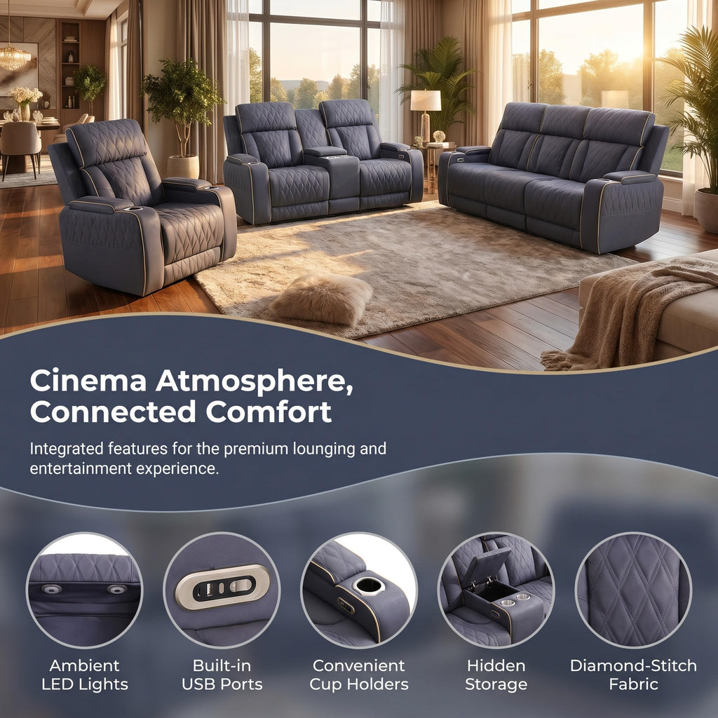 3 Piece Leather Power Recliner Sofa Set with LED Lights H7969