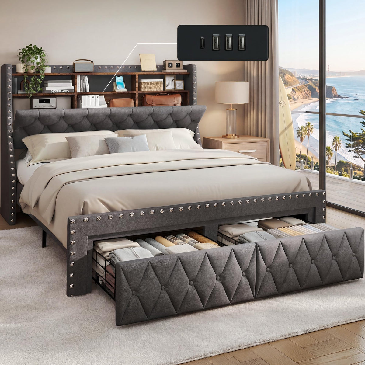 1000LBs Full Bed Frame with Hidden Storage, 2 Drawers and Charging Station Y141