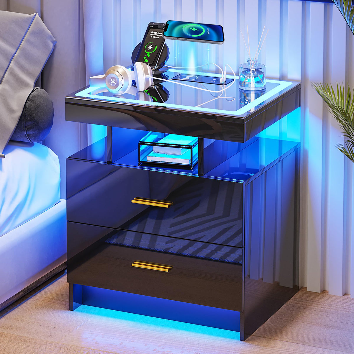 Black High Gloss Nightstand with Charging Station and 2 Drawers V27526