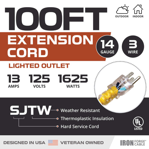 14 Gauge Heavy Duty Extension Cord, 100 Ft Yellow SJTW Y72450