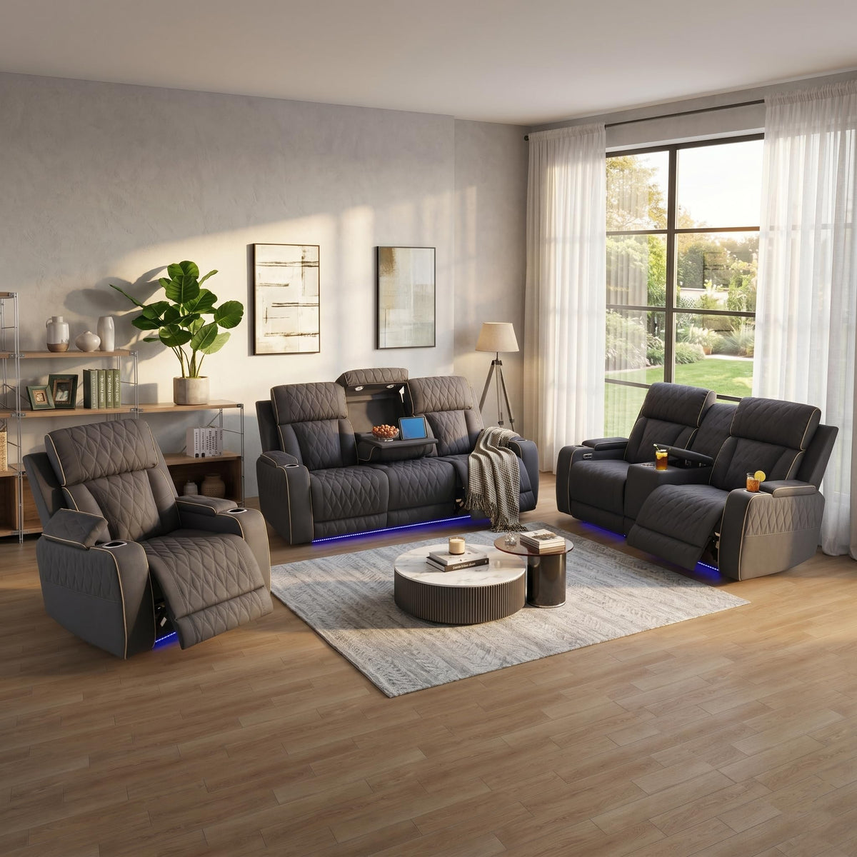 3 Piece Leather Power Recliner Sofa Set with LED Lights H7969
